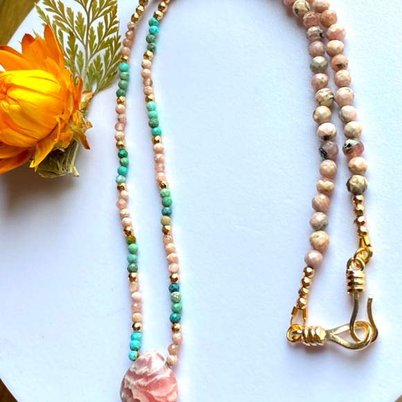 Genuine Rhodochrosite with Natural Turquoise Necklace 18K Plated Gold - Picture 6 of 10